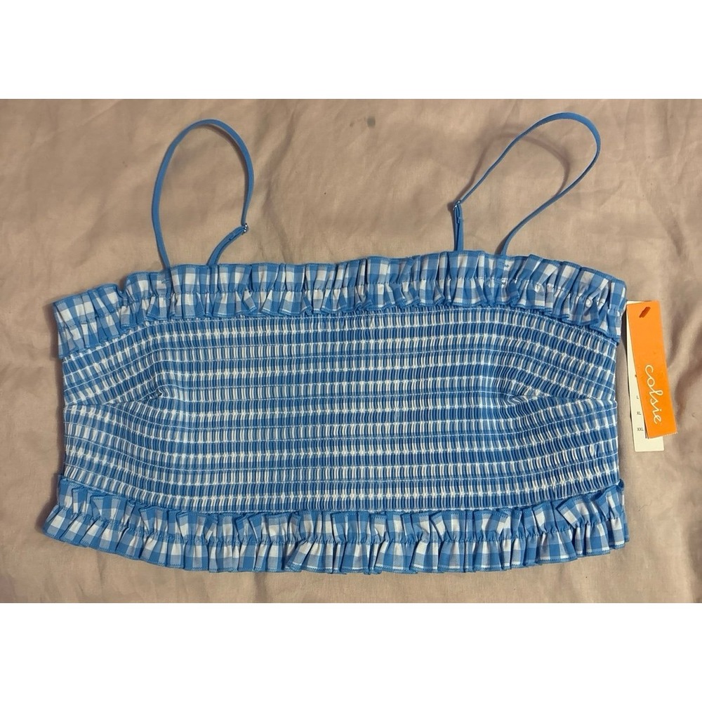 NEW Colsie Blue Gingham Ruched Bandeau Bralette, XL